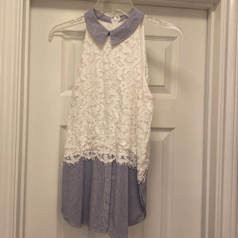 Cremieux Sleeveless Lace and Blue Stripe Blouse - Small
